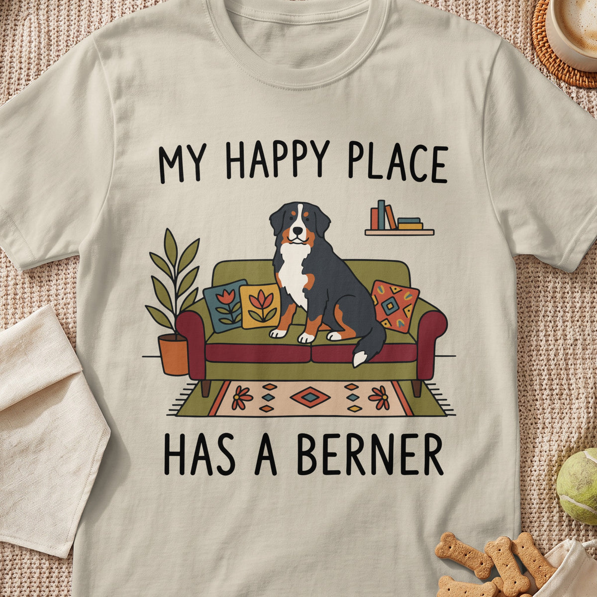 Bernese Mountain Dog sitting on couch with text "MY HAPPY PLACE HAS A BERNER".