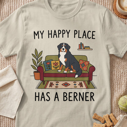 Bernese Mountain Dog sitting on couch with text "MY HAPPY PLACE HAS A BERNER".