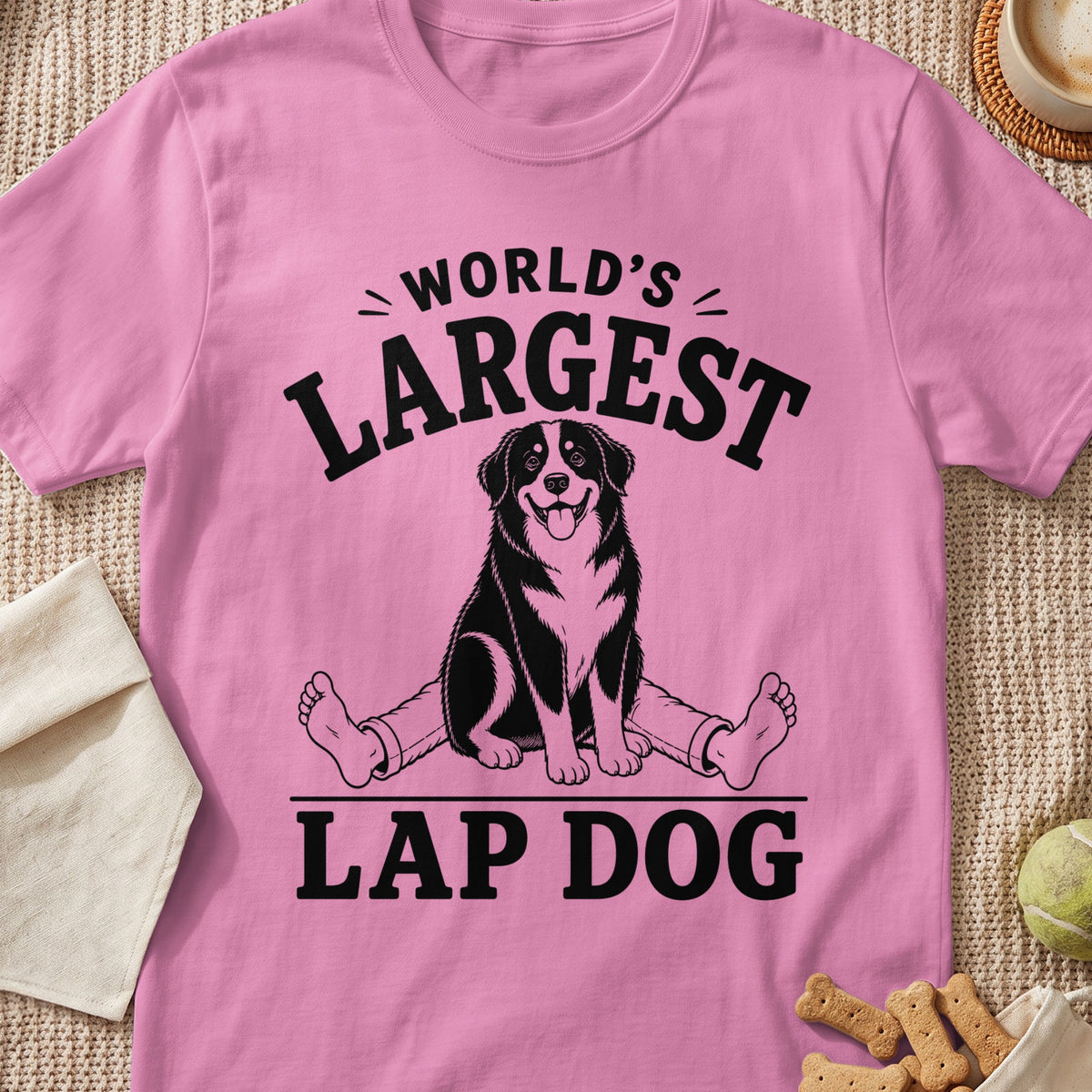 Pink t-shirt with black text and dog graphic saying "World's Largest Lap Dog."