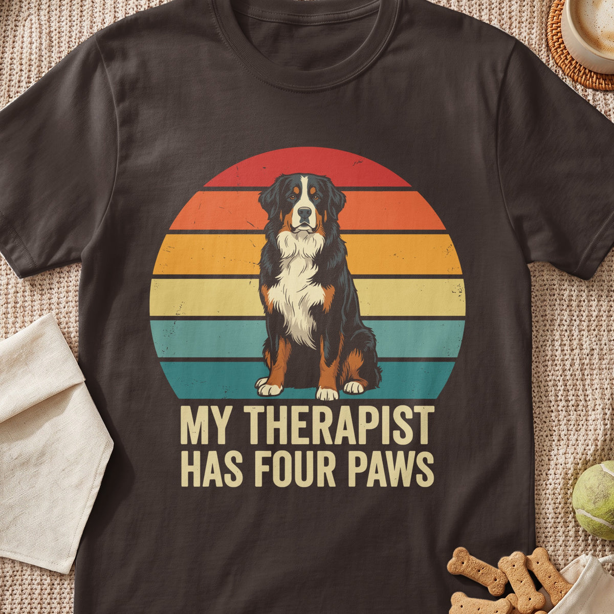 Bernese Mountain Dog sits in front of a retro sunset with text "My Therapist Has Four Paws".