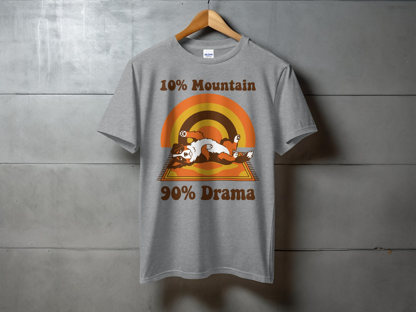 Grey t-shirt with a dog and text "10% Mountain 90% Drama".