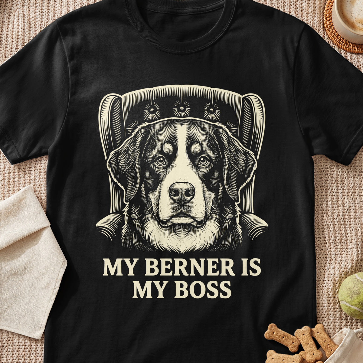 Black t-shirt with sketch of Bernese Mountain Dog and text "MY BERNER IS MY BOSS."
