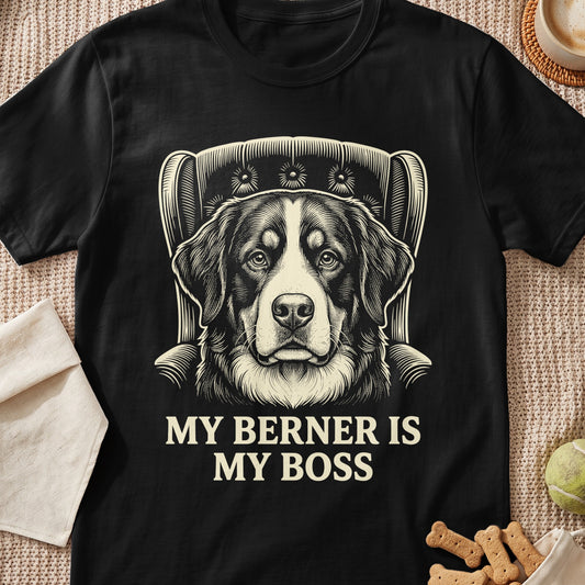 Black t-shirt with sketch of Bernese Mountain Dog and text "MY BERNER IS MY BOSS."