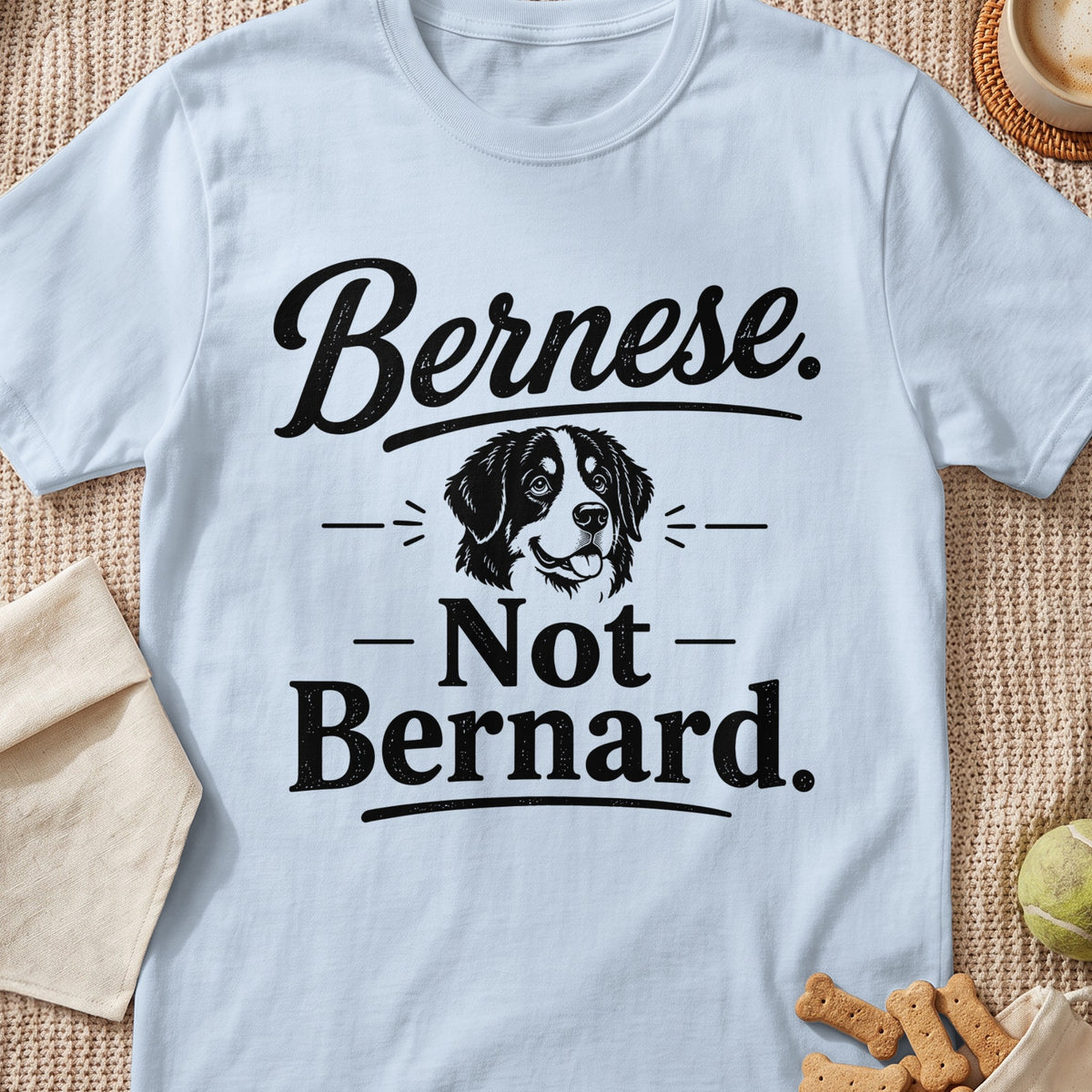Bernese. Not Bernard. graphic with dog illustration on light blue t-shirt.