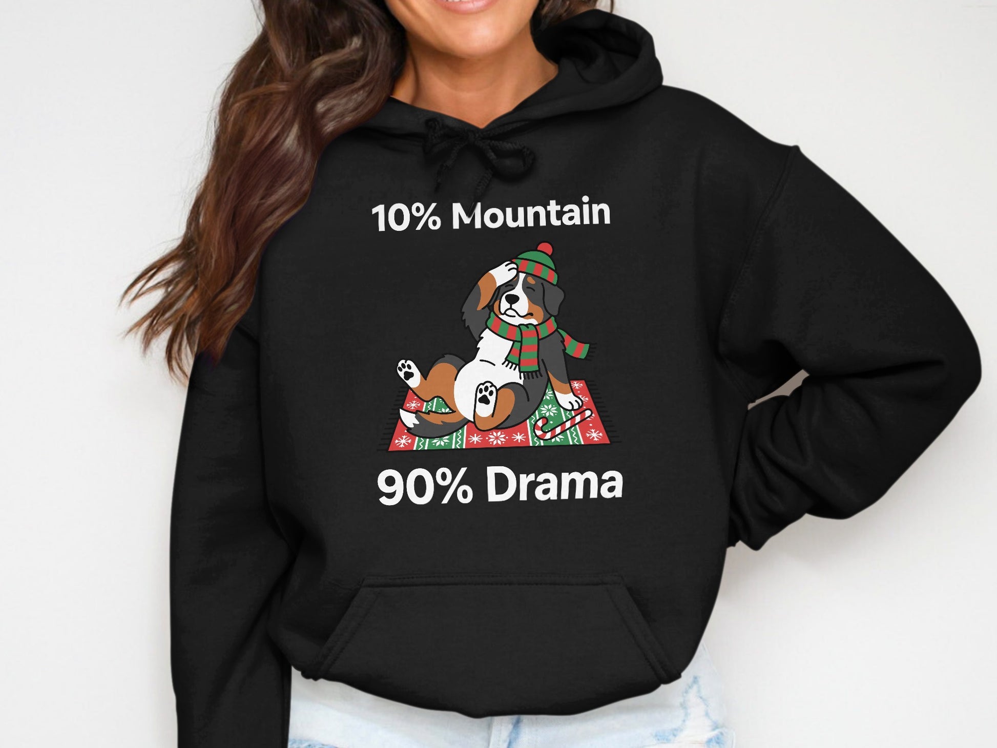 Black hoodie with a cartoon dog and text "10% Mountain 90% Drama".