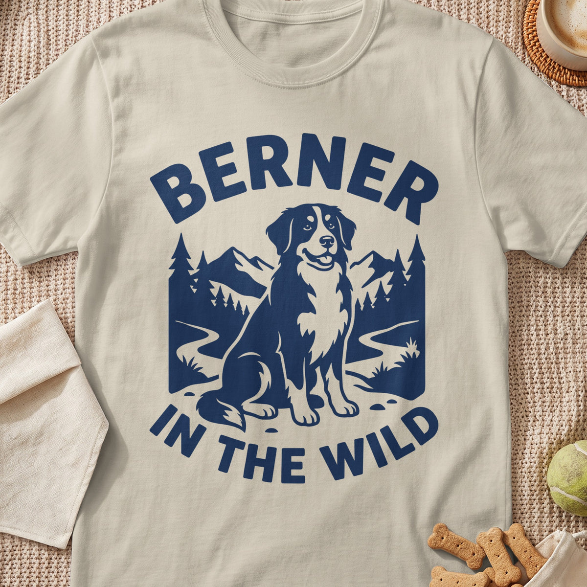 Berner dog graphic with mountains, trees, and text "BERNER IN THE WILD".