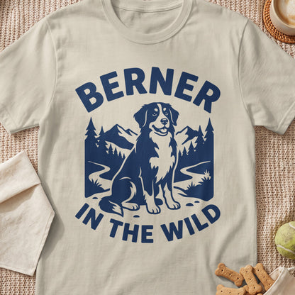 Berner dog graphic with mountains, trees, and text "BERNER IN THE WILD".