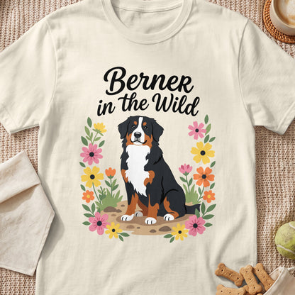 Bernese Mountain Dog in floral wreath with text "Berner in the Wild"