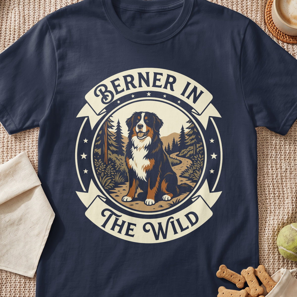 Berner in the Wild graphic with a Bernese Mountain Dog in a forest scene.