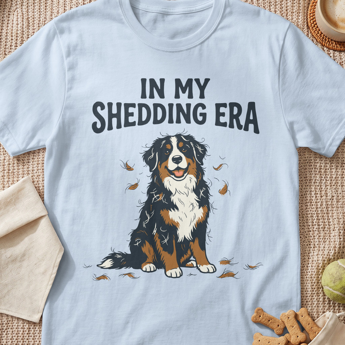 Light blue t-shirt with "IN MY SHEDDING ERA" and a Bernese Mountain Dog graphic.