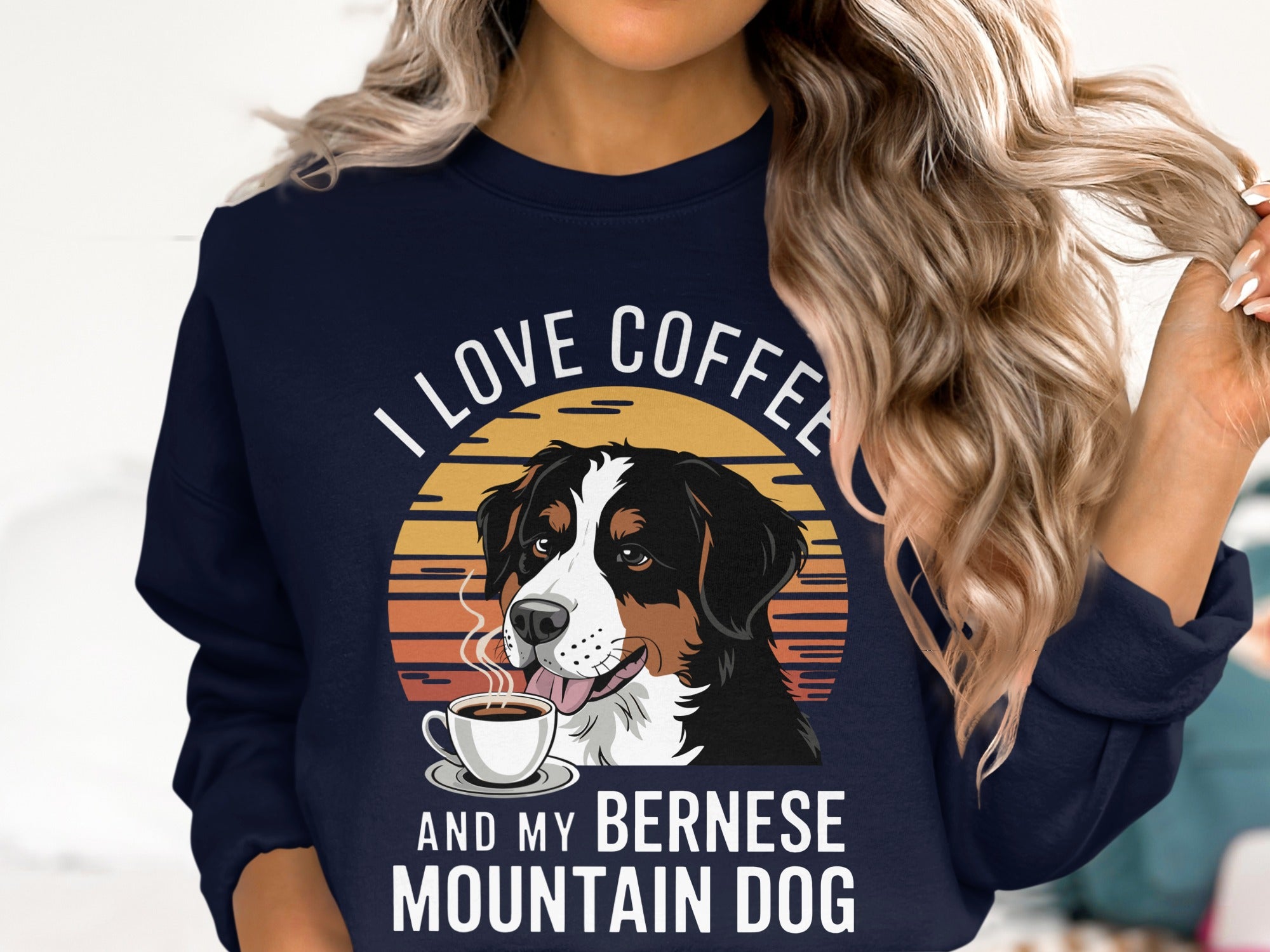 Bernese Mountain Dog with coffee, reads "I love coffee and my Bernese Mountain dog."