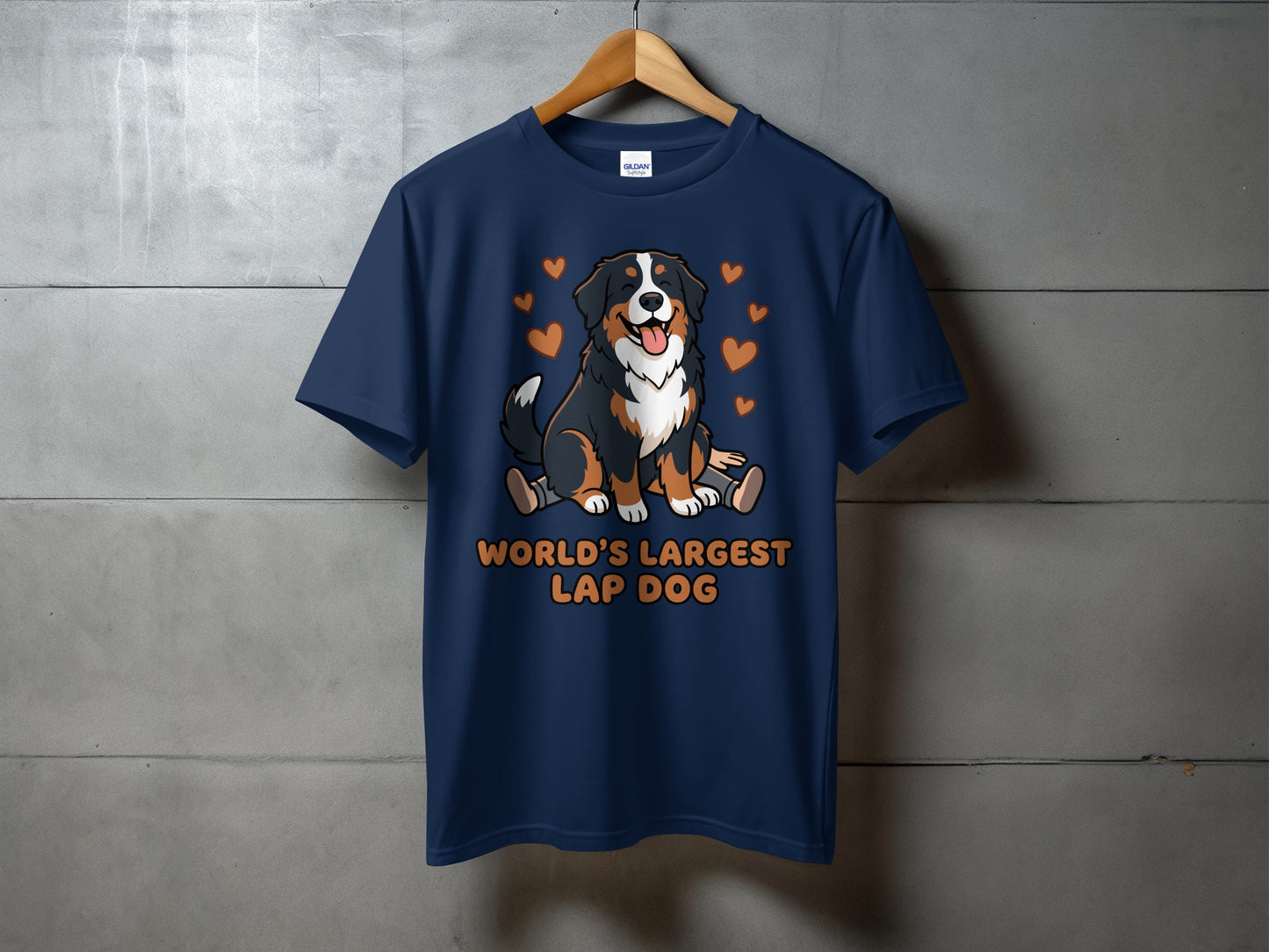 Navy t-shirt with cartoon Bernese Mountain Dog and text "World's Largest Lap Dog".