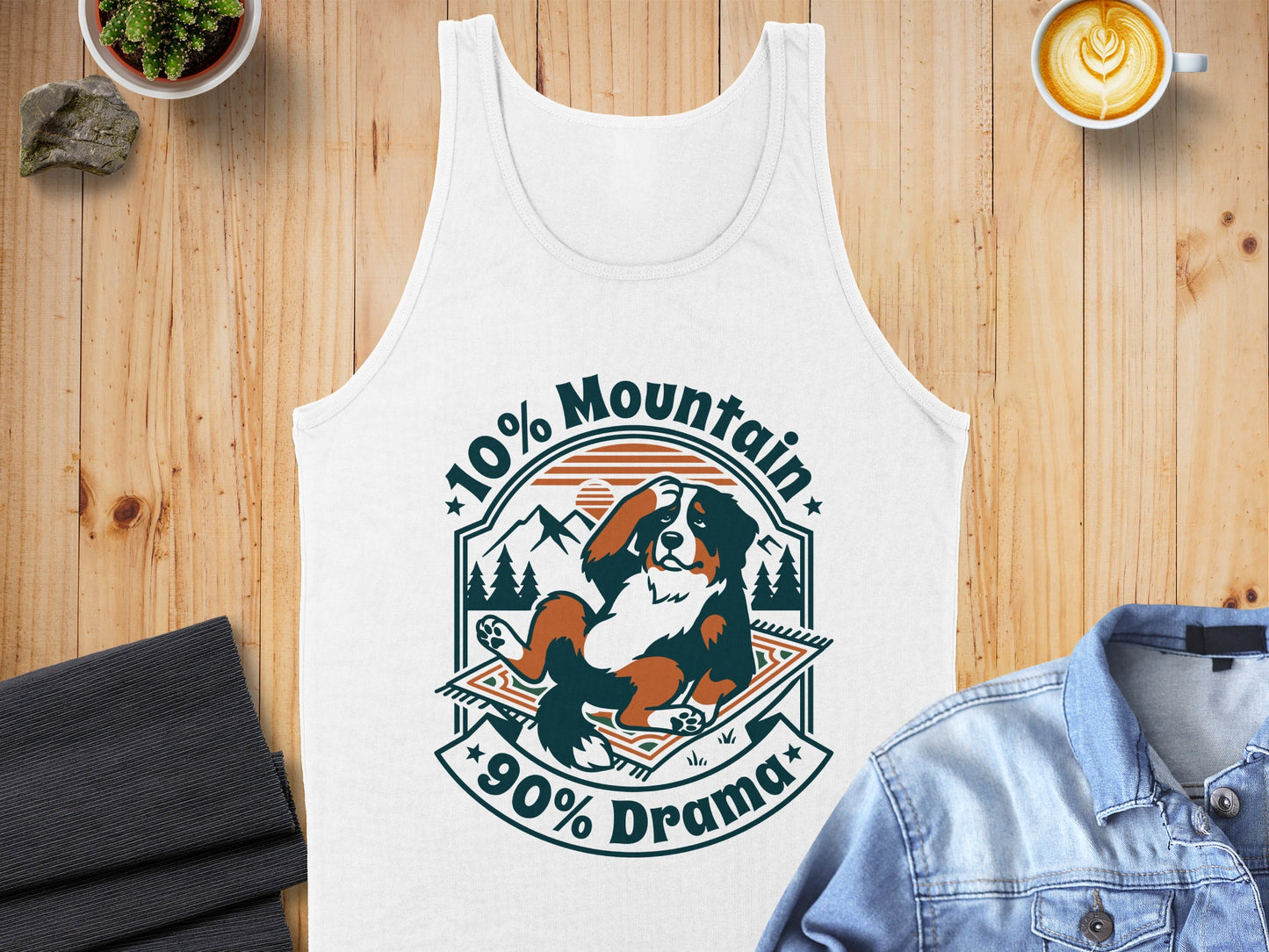 White tank top with "10% Mountain 90% Drama" graphic featuring a Bernese Mountain Dog.