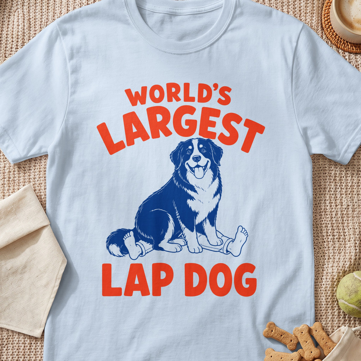 Light blue t-shirt with text "World's Largest Lap Dog" and cartoon dog.