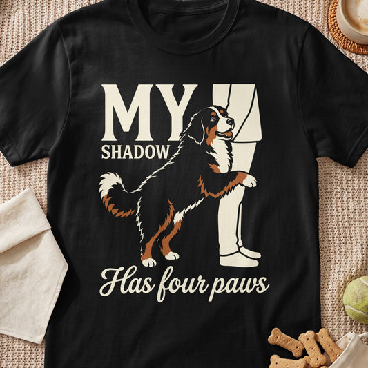 Black t-shirt with "MY SHADOW Has four paws" and a Bernese Mountain Dog illustration.