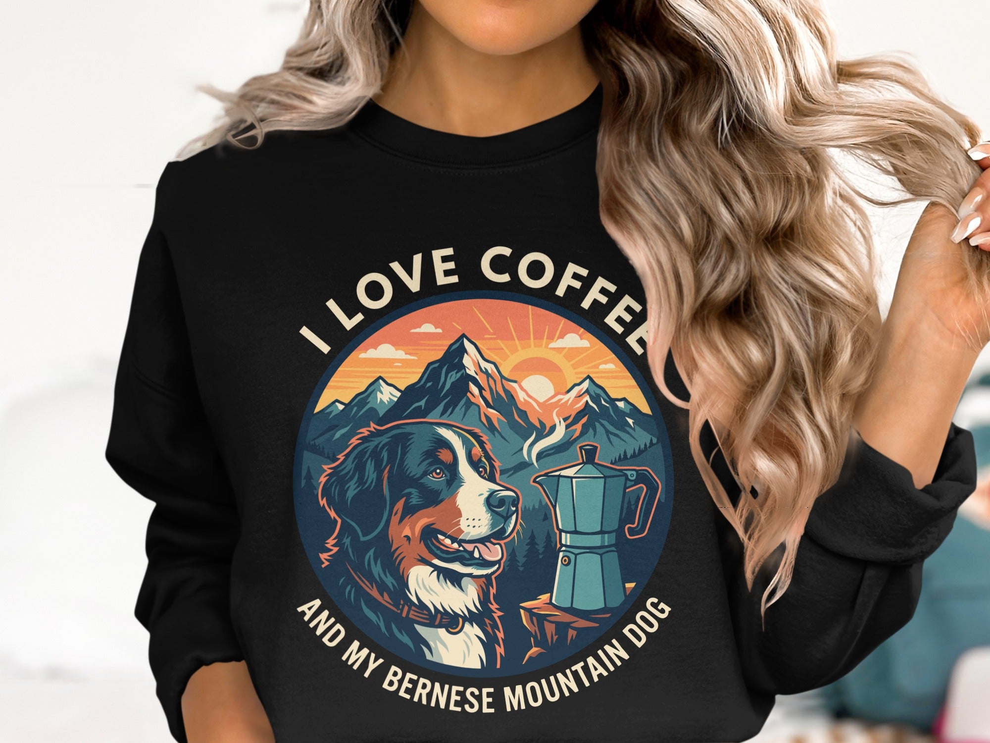 Bernese Mountain Dog with coffee maker and mountains, text "I love coffee and my Bernese mountain dog."