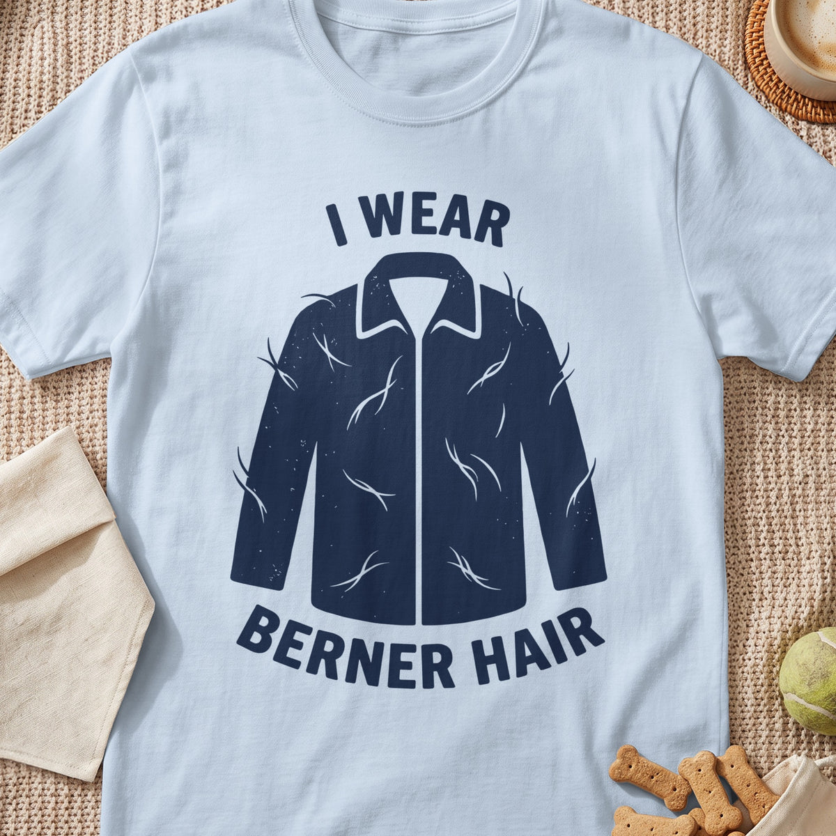 Light blue t-shirt with dark blue graphic of a jacket covered in fur clippings and text "I WEAR BERNER HAIR".