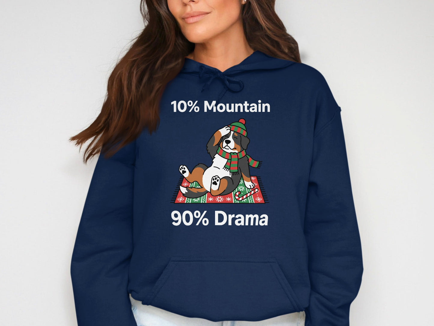 Navy hoodie with text "10% Mountain 90% Drama" and a Bernese mountain dog.