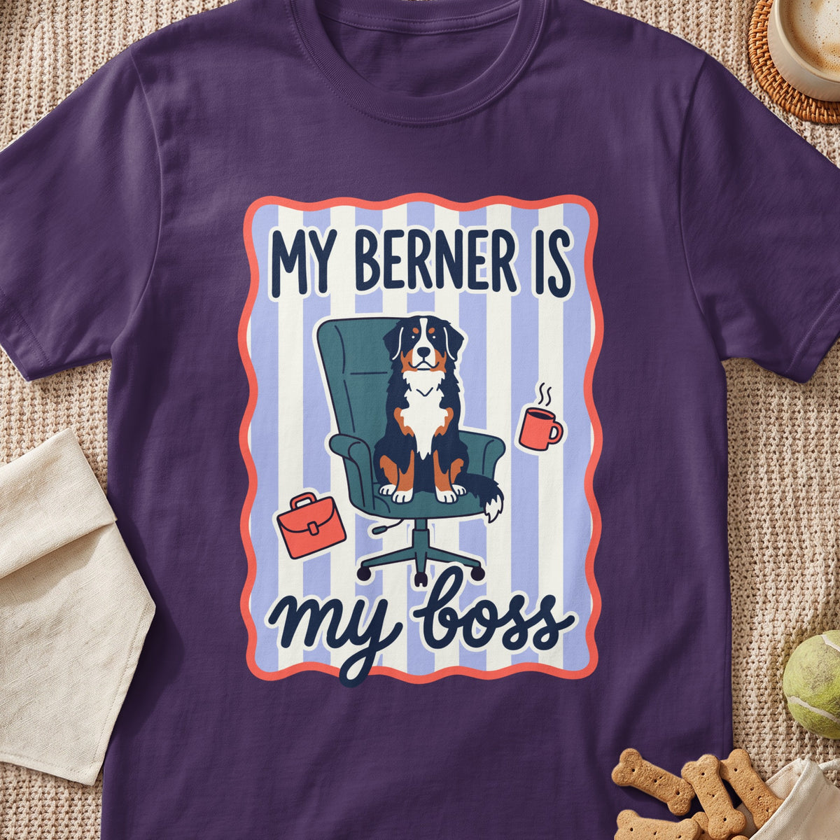 Bernese Mountain Dog sitting in an office chair with text "My Berner is my boss".