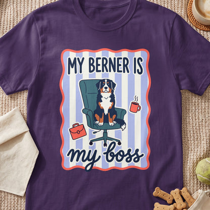Bernese Mountain Dog sitting in an office chair with text "My Berner is my boss".