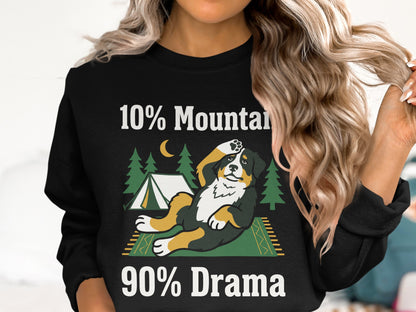 Black sweatshirt with "10% Mountain 90% Drama" text and dog illustration.