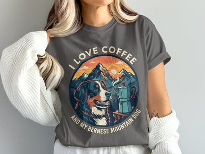 Bernese Mountain Dog and coffee Moka pot design on dark gray t-shirt with text "I LOVE COFFEE AND MY BERNESE MOUNTAIN DOG".