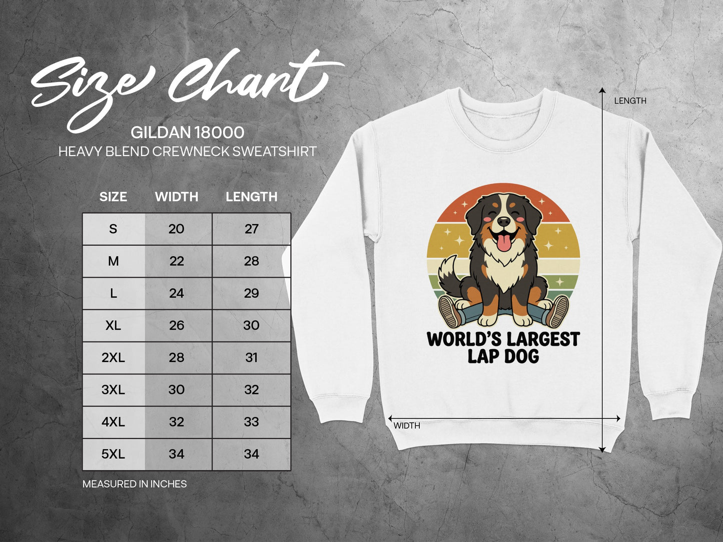 Gildan 18000 sweatshirt size chart with measurements in inches.