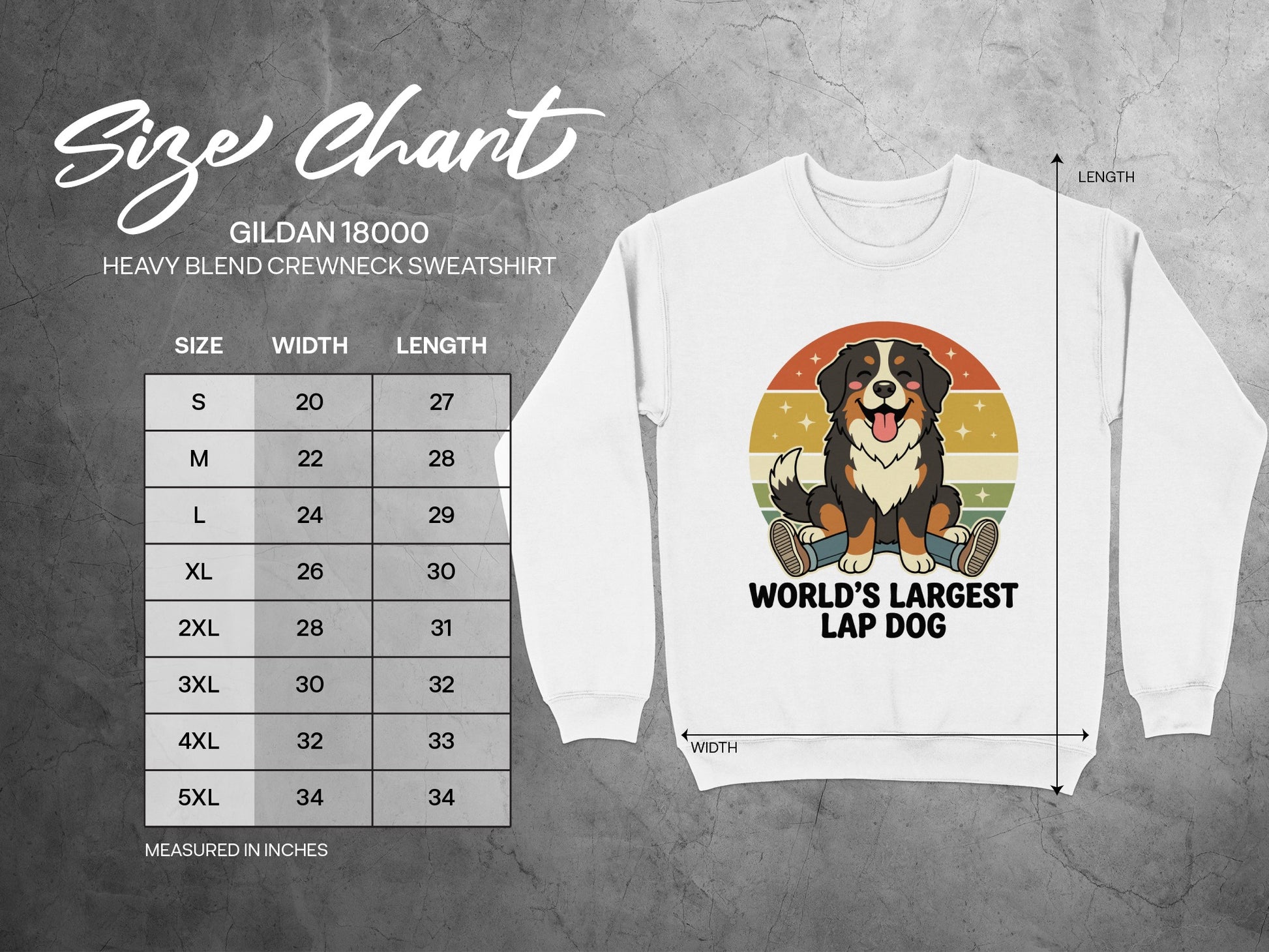Gildan 18000 sweatshirt size chart with measurements in inches.