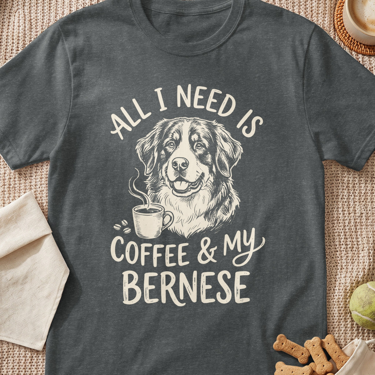 Dark grey t-shirt with sketch of Bernese dog, coffee cup, and text.