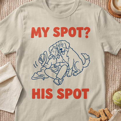 T-shirt with blue line drawing of person and dog with text MY SPOT? HIS SPOT