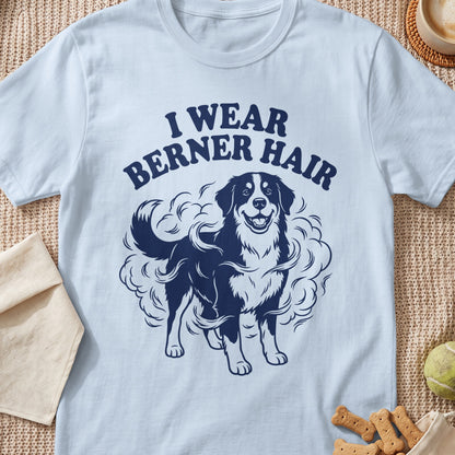 Light blue t-shirt with dark blue graphic of a Berner dog and text "I WEAR BERNER HAIR."