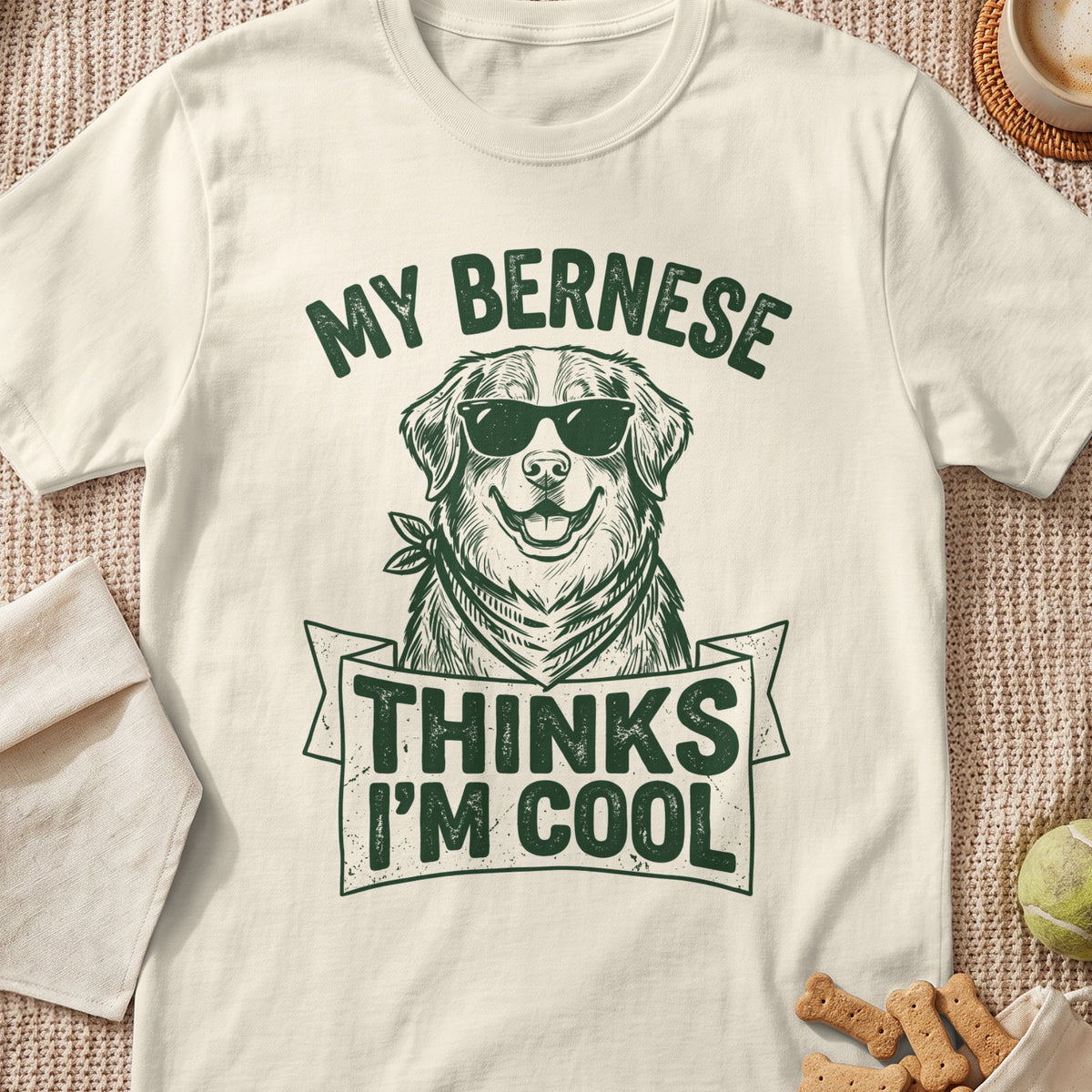Cream t-shirt with a green graphic of a Bernese Mountain Dog wearing sunglasses and bandana.