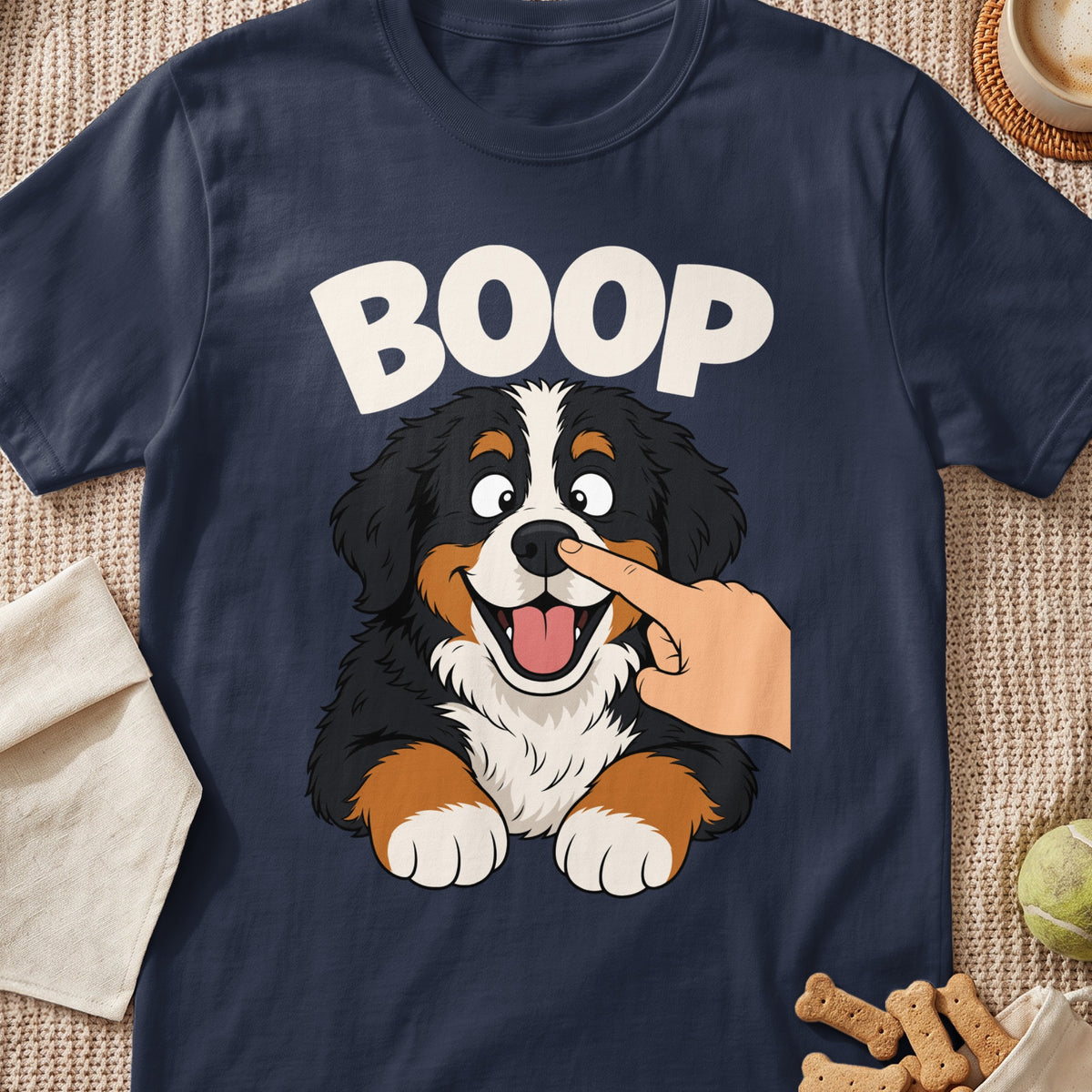 Cartoon Bernese Mountain Dog with finger booping its nose and the word "BOOP".