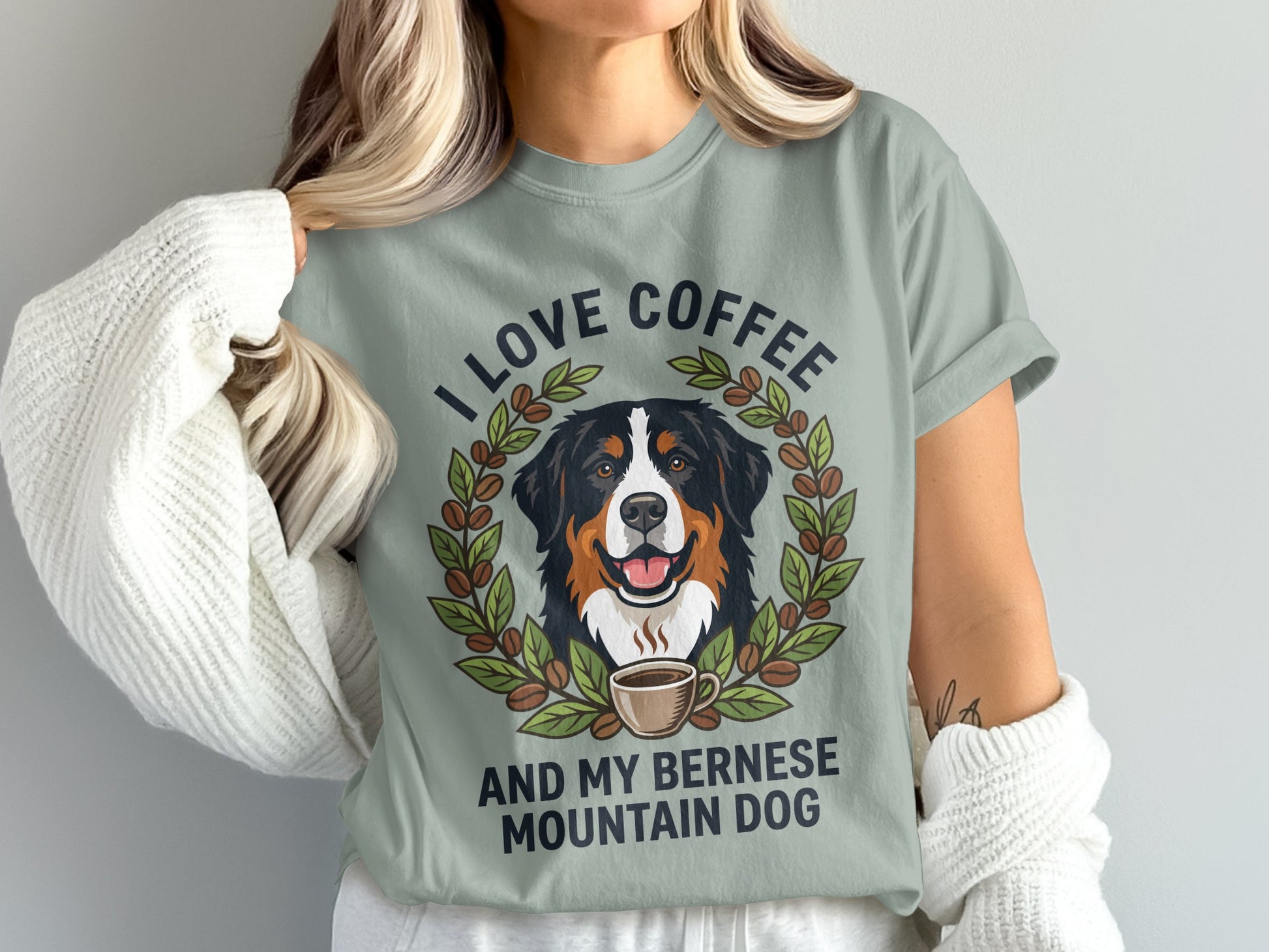T-shirt with Bernese Mountain Dog, coffee cup, and text "I Love Coffee And My Bernese Mountain Dog".