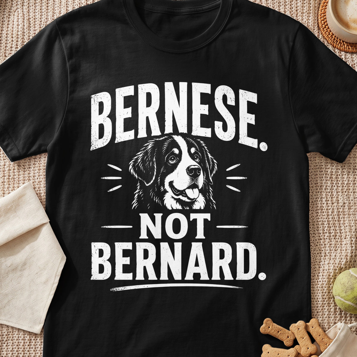 A black t-shirt features white text reading Bernese Not Bernard and a Bernese Mountain Dog illustration.
