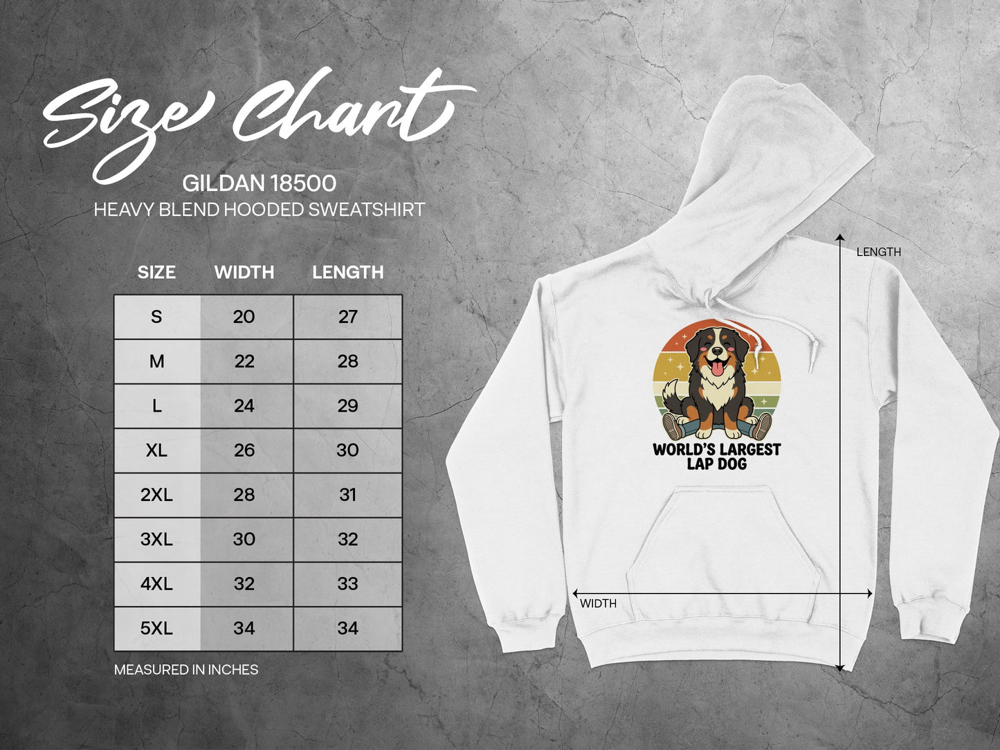 Gildan 18500 hooded sweatshirt size chart with width and length measurements.