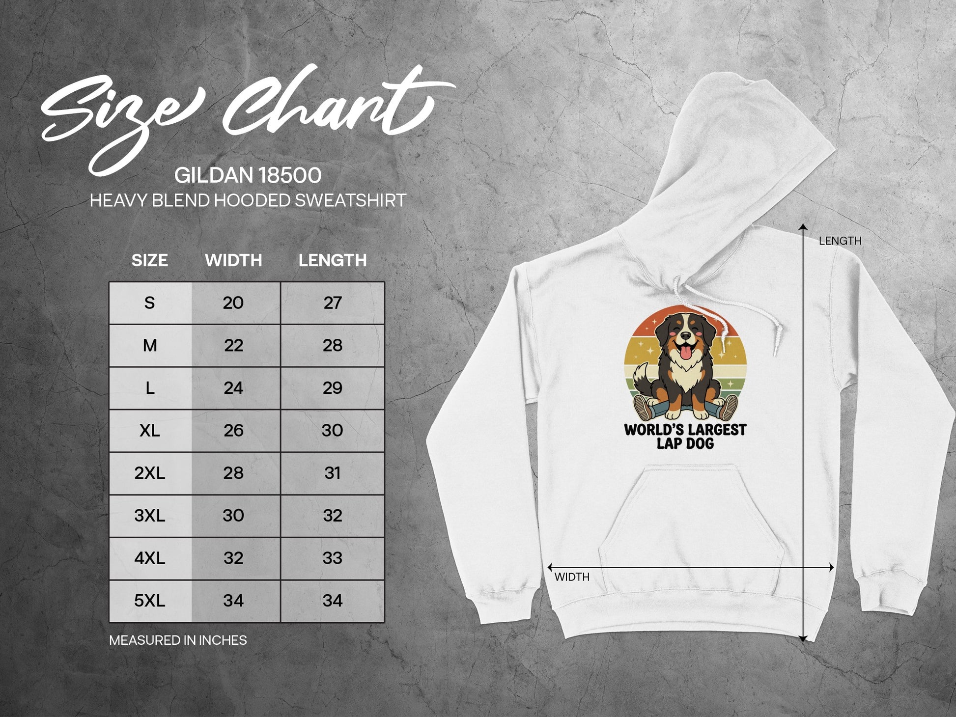 Gildan 18500 hooded sweatshirt size chart with width and length measurements.
