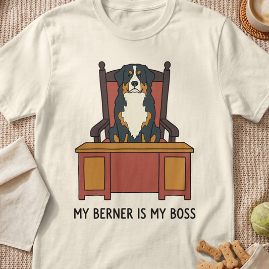 Bernese Mountain Dog sitting in a chair behind a desk with "MY BERNER IS MY BOSS" text.