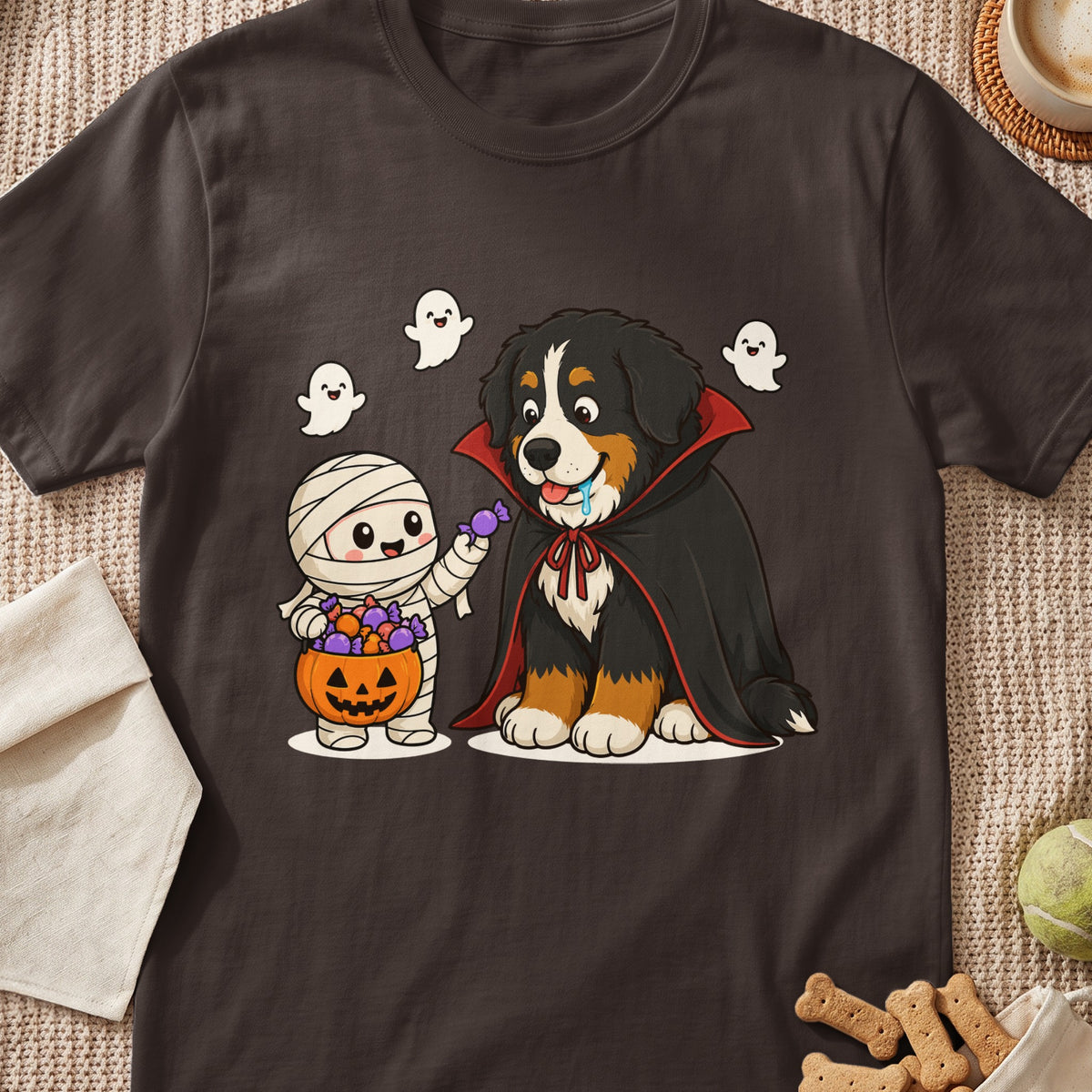 Bernese Mountain Dog dressed as a vampire and mummy holding candy bucket with ghosts.
