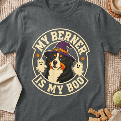 Bernese Mountain Dog wearing a witch hat with ghosts and text "My Berner is my Boo".