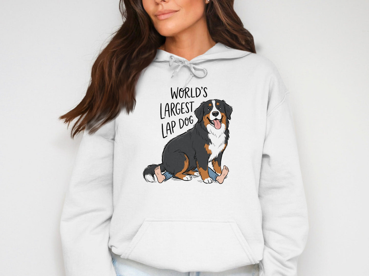 White hoodie with cartoon Bernese Mountain Dog and text "WORLD'S LARGEST LAP DOG".