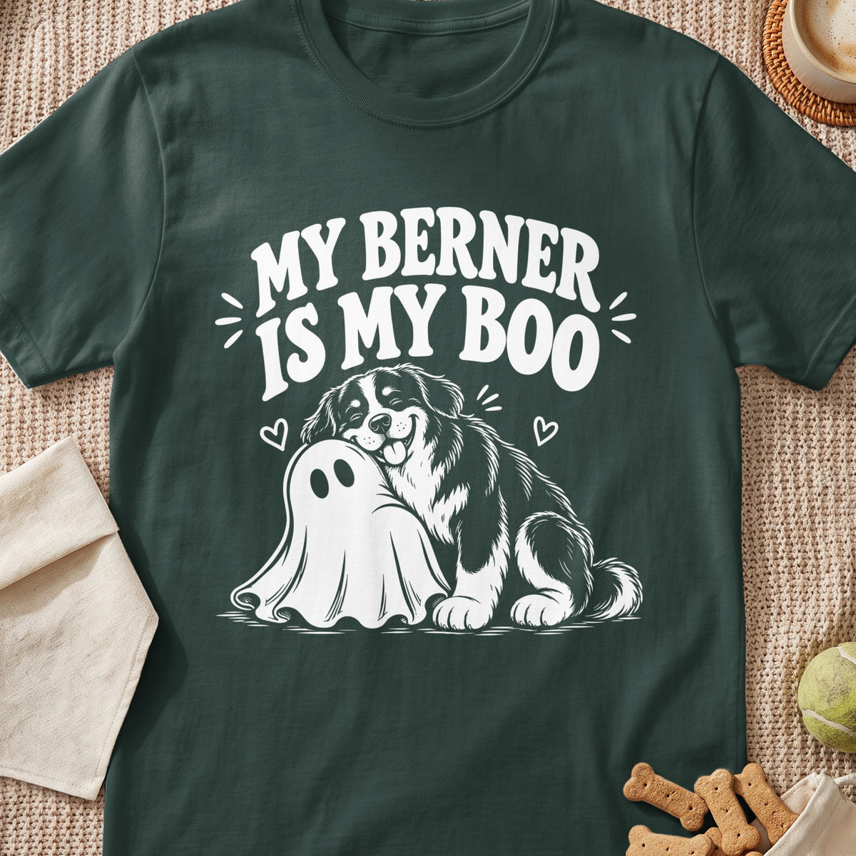 Bernese Mountain Dog hugs a ghost with text "My Berner Is My Boo."