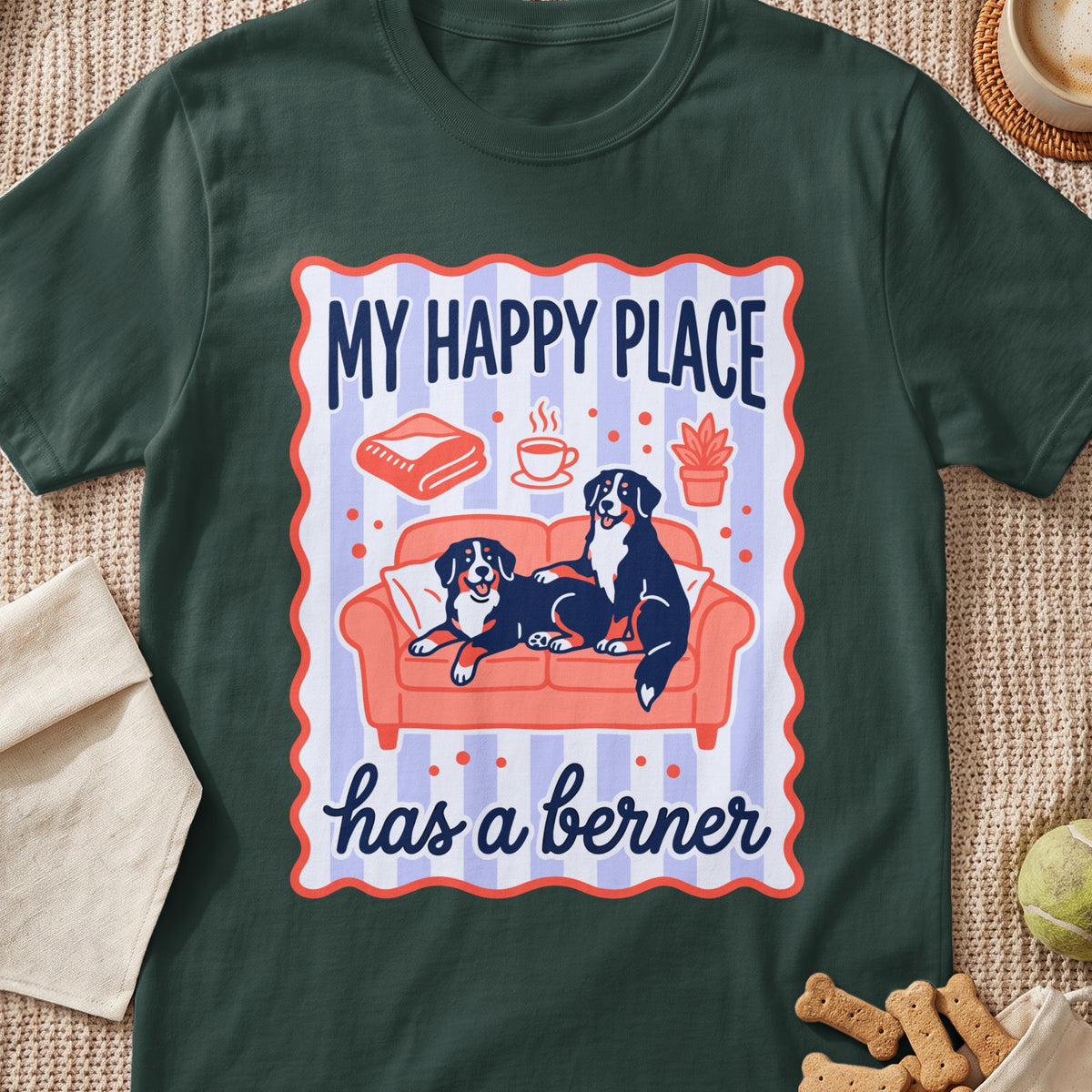Bernese Mountain Dogs on a couch with text "My Happy Place Has a Berner."