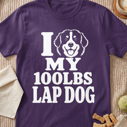 Purple t-shirt with white text "I MY 100LBS LAP DOG" and dog graphic.
