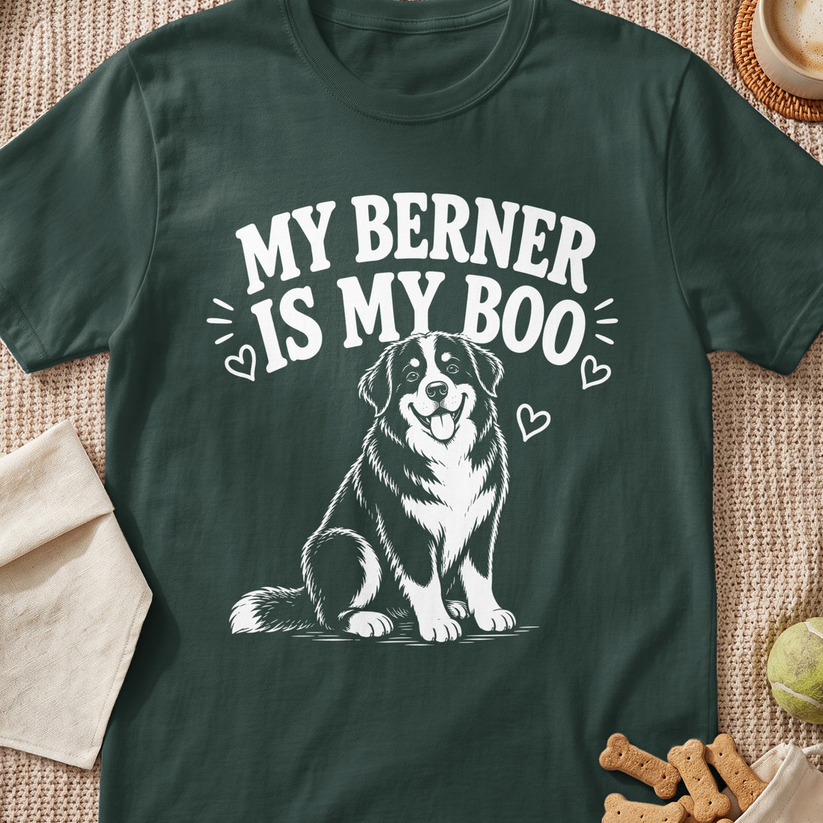 Bernese Mountain Dog graphic with text "MY BERNER IS MY BOO" on a dark green t-shirt.