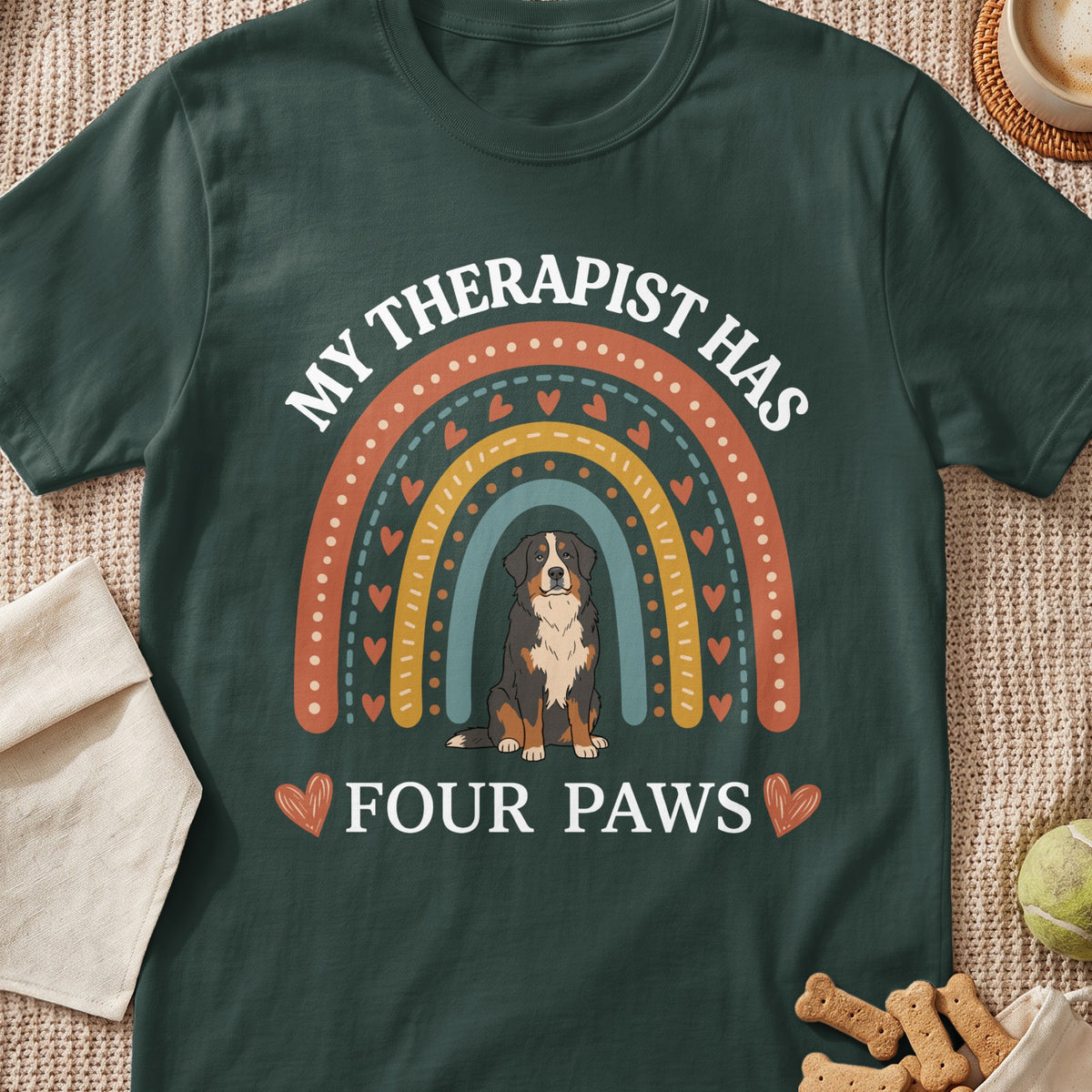 Dark green t-shirt with a Bernese Mountain Dog sitting under a rainbow. Text reads "MY THERAPIST HAS FOUR PAWS".
