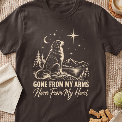 Dog looking at the moon with text "Gone From My Arms Never From My Heart."