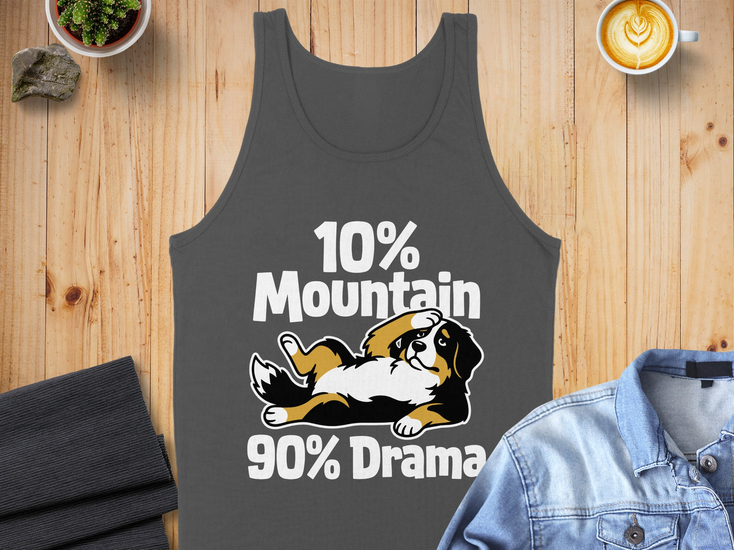 Gray tank top with a Bernese Mountain Dog graphic and text "10% Mountain 90% Drama."