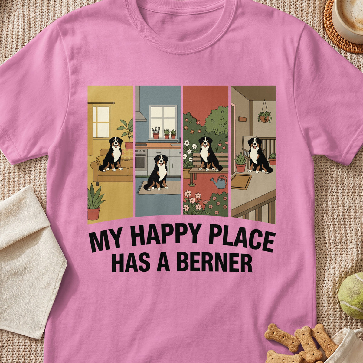 Pink t-shirt with four panels featuring Bernese Mountain Dogs and the text "MY HAPPY PLACE HAS A BERNER."