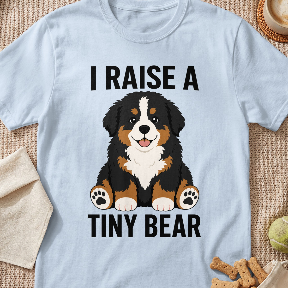 Light blue t-shirt with text "I RAISE A TINY BEAR" and a cartoon Bernese Mountain Dog.